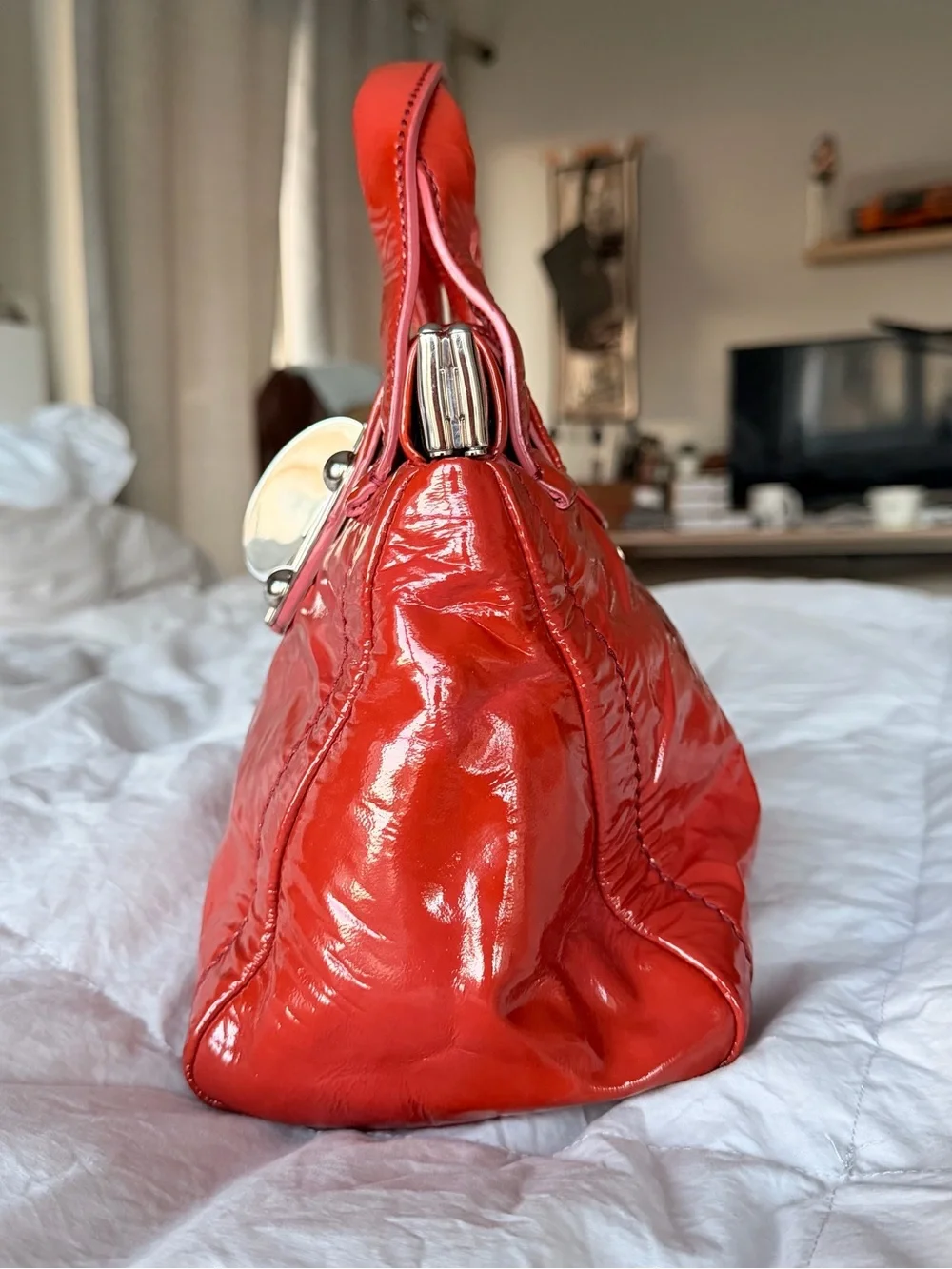 Miu Miu Glossy Red Patent Satchel with Silver Turn-Lock